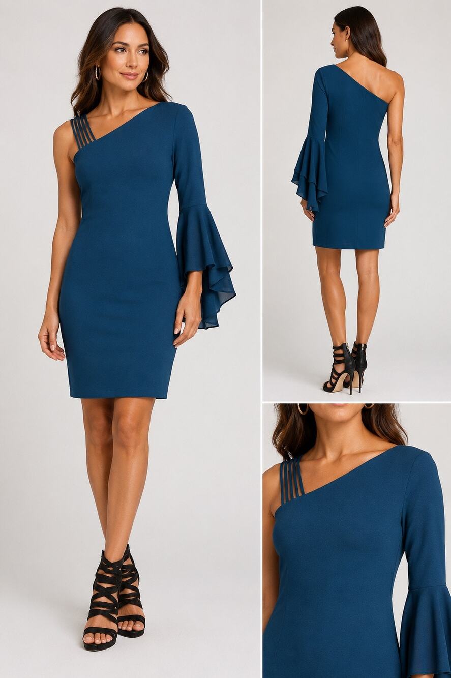 Nic+Zoe Teal One-Shoulder Bell Sleeve Dress Size 4 NWT